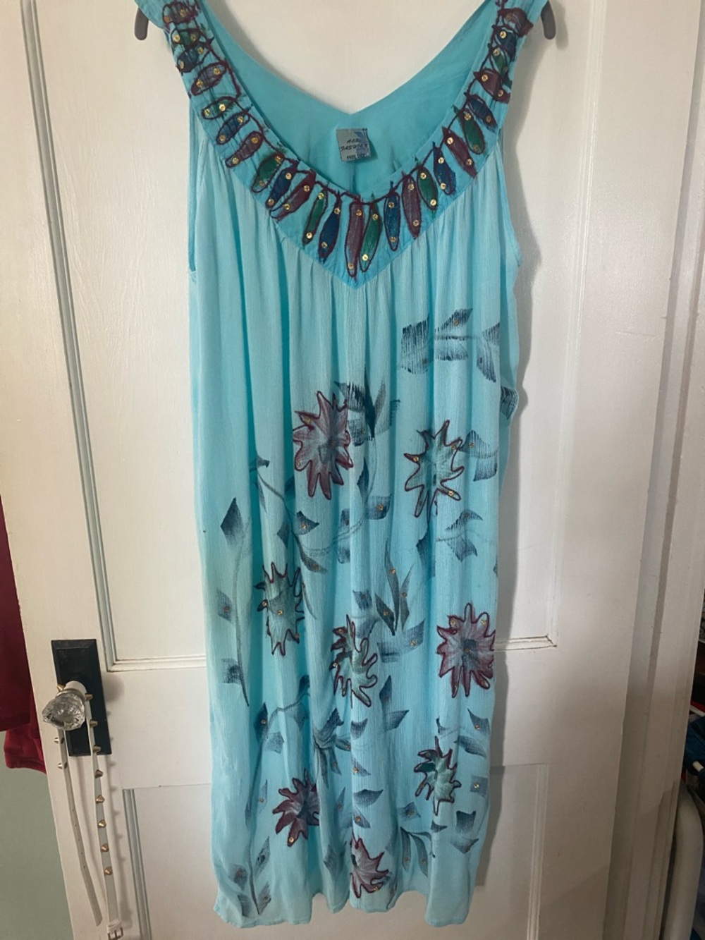 Beaded Aqua Floral Maxi Dress with Scoop Neck